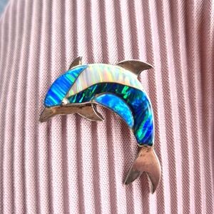 Colorful Dolphin Brooch Opal Inlay Sterling Silver.